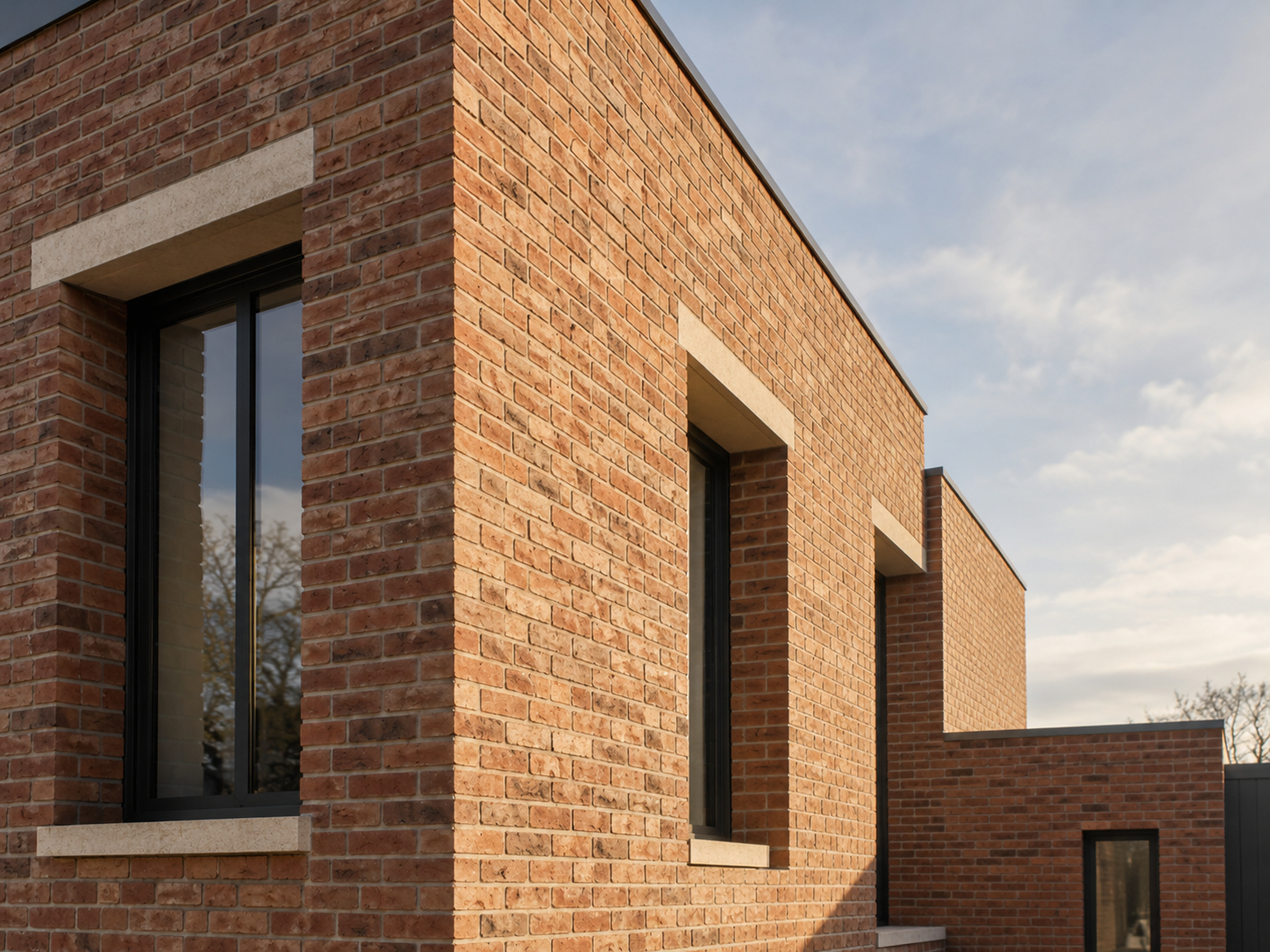 Illustrative terracotta brick facade with recessed window reveals