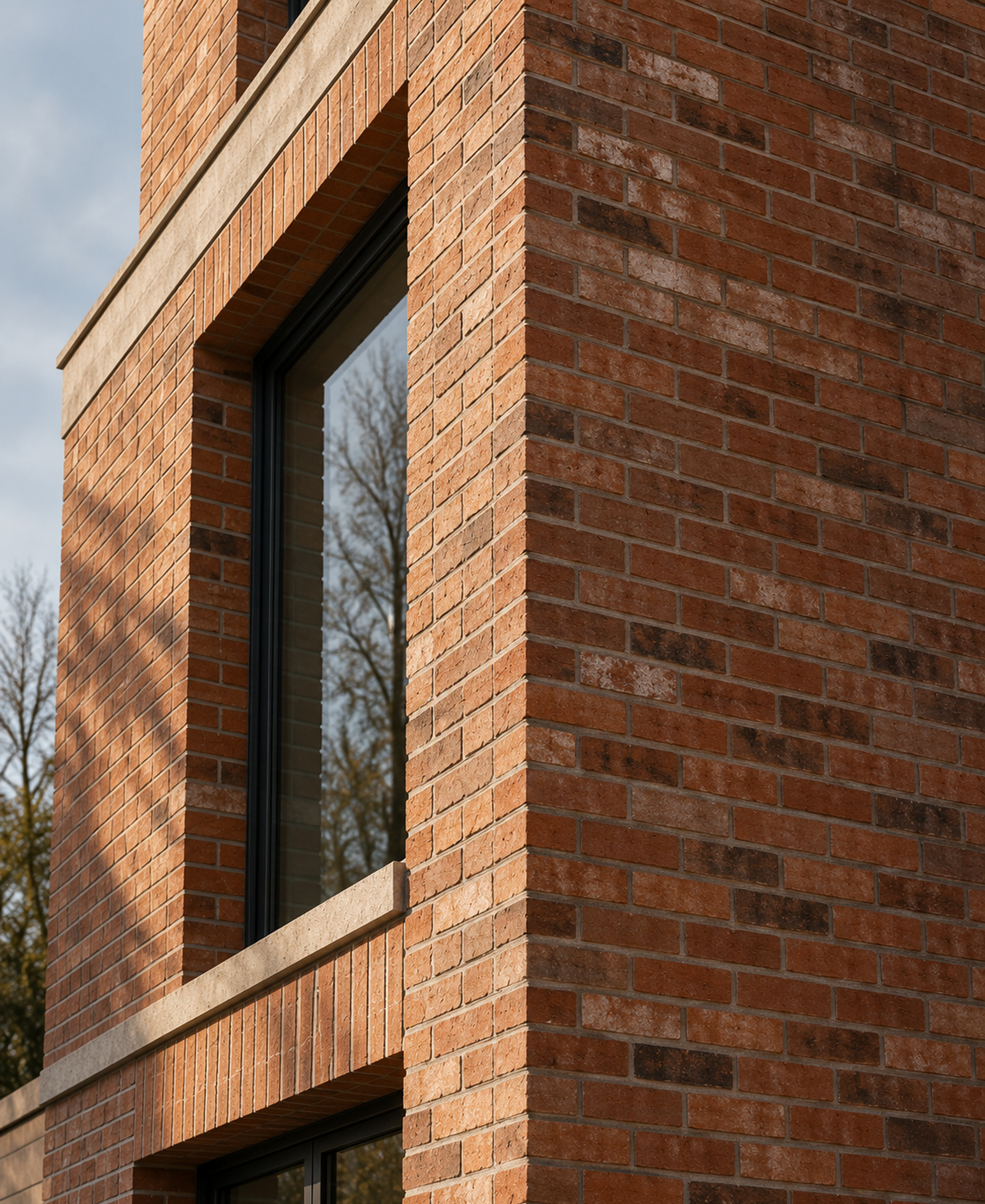 Close architectural detail of a terracotta brick corner and recessed opening