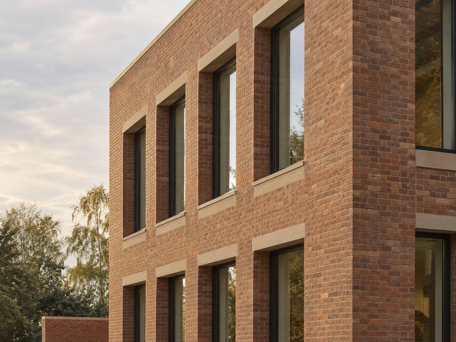 Illustrative brick facade with recessed windows and detailed masonry
